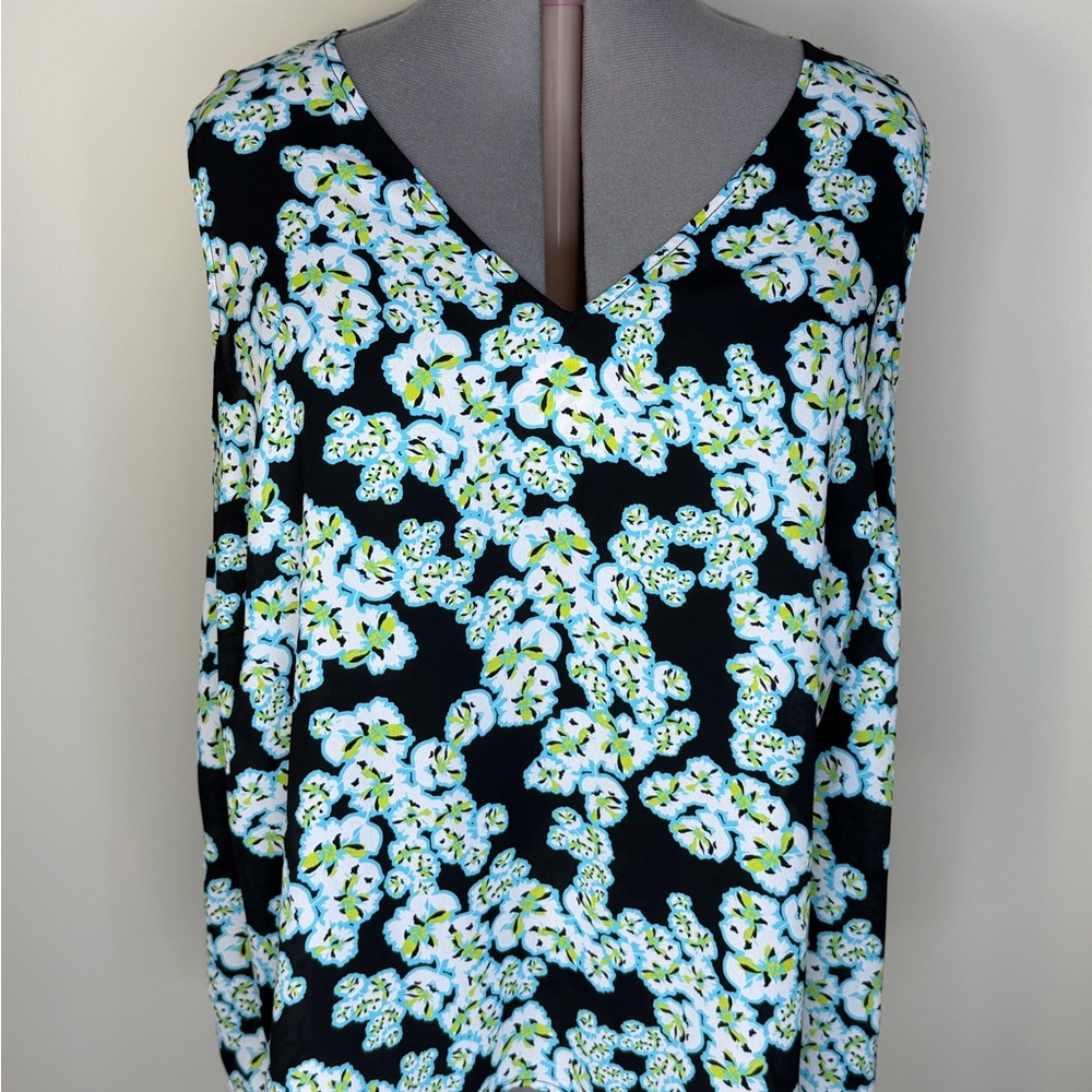Kaari Blue Blouse Womens 3X Black Floral V Neck Sleeveless Plus Curvy Top